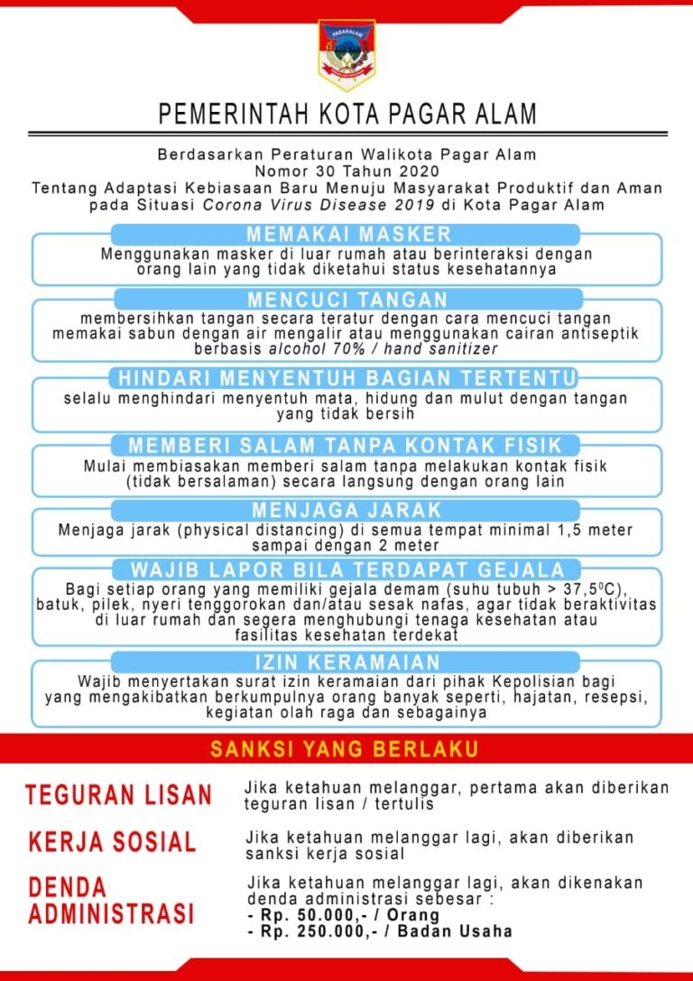 Perwako Nomor 30 Tahun 2020 Tentang Adaptasi Kebiasaan Baru Menuju Masyarakat Produktif Dan Aman Pada Situasi Covid-19 Di Kota Pagar Alam Perwako Nomor 30 Tahun 2020 Tentang Adaptasi Kebiasaan Baru Menuju Masyarakat Produktif Dan Aman Pada Situasi Covid-19 Di Kota Pagar Alam